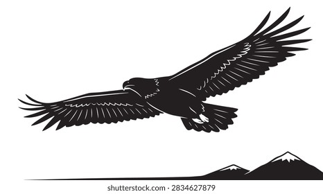 Black and white graphic illustration of an eagle soaring high above mountain peaks.
