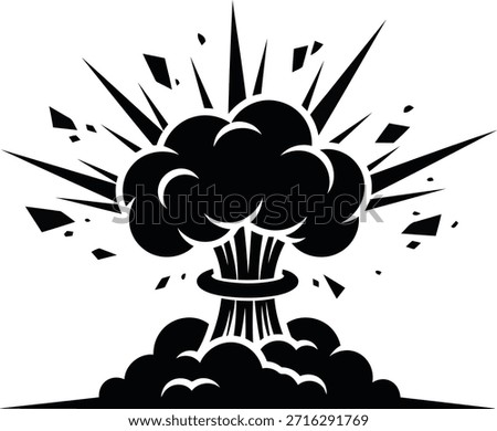 Black and white graphic illustration of an explosion with a central cloud and radiating sharp lines. Debris fragments are scattered around the blast.