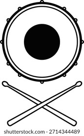 A black and white graphic illustration features a drum with a black circle in the center and crossed drumsticks below it.