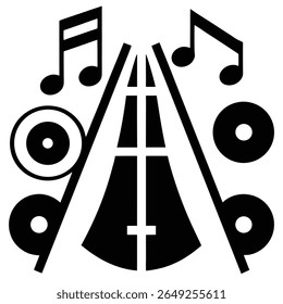 A black and white graphic illustration featuring musical notes and a stylized road symbol. The composition includes musical notes, record-like circles, and a road with a central white line.