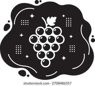 Ilustración gráfica en blanco y negro con un racimo de uvas con una hoja y Elementos decorativos circundantes como puntos y estrellas.