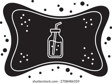 Ilustração gráfica em preto-e-branco com uma garrafa de vidro com palha e bolhas no interior, colocada contra um fundo ondulado com pontos dispersos.