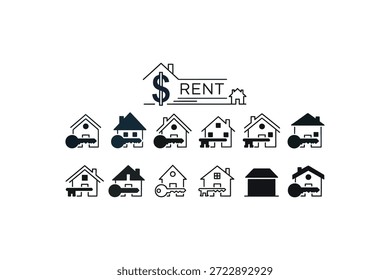 Uma ilustração gráfica em preto e branco com silhuetas de casas e carros com um sinal de aluguel