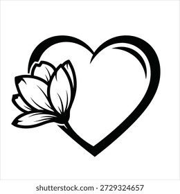 A black and white graphic illustration featuring a stylized heart shape with a blooming flower, possibly a magnolia, integrated into its left side. The design is clean and elegant.