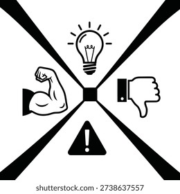 Black and white graphic illustration featuring a light bulb with rays, a flexed muscular arm, a thumbs down symbol, and a warning triangle sign, all connected with black lines on white background