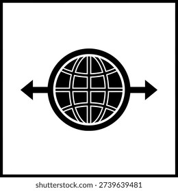 A black and white graphic illustration featuring a global communication or network icon with arrows