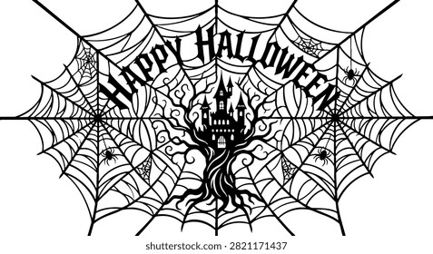 A black and white graphic illustration featuring a haunted castle, gnarly tree, and intricate spider webs with Happy Halloween text. Ideal for seasonal greetings and party invitations.