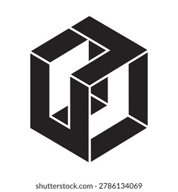 A black and white graphic illustration of an impossible cube, showcasing an optical illusion with contradictory perspectives and an abstract geometric design.