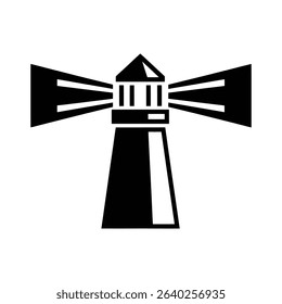 A black and white graphic illustration of a lighthouse emitting beams of light.