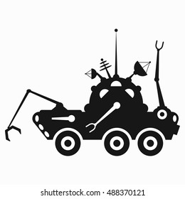 Black and white graphic illustration lunar rover