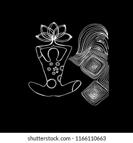 Black and white graphic illustration of a meditating man. The idea for a tattoo or a print. Patterns and circles.