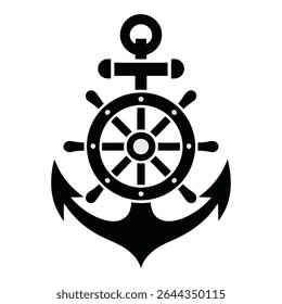 A black and white graphic illustration of a nautical anchor with a ship's wheel superimposed. The style is simple and bold against a white background.