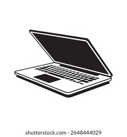 Ilustração gráfica em preto-e-branco de um notebook aberto com um teclado e um touch pad visíveis.