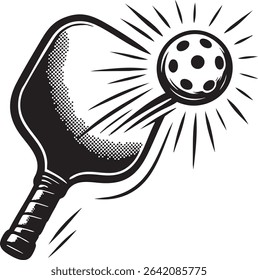 A black and white graphic illustration of a pickleball paddle striking a pickleball with radiating speed lines.