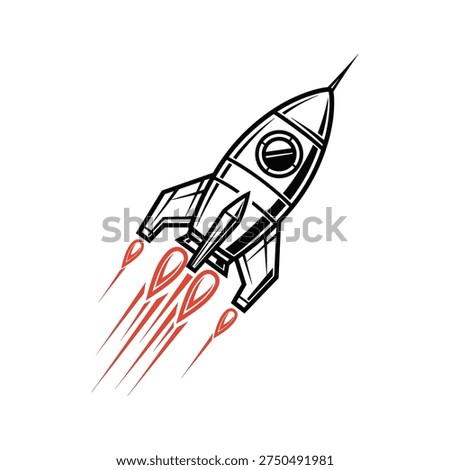 A black and white graphic illustration of a retro-style rocket ship is depicted against a white background. The rocket has a pointed nose cone, fins, and a circular window. Red, flame-like exhaust trails stream from the engines, indicating motion and speed. The lines are bold and stylized, giving it a classic cartoon or comic book feel.