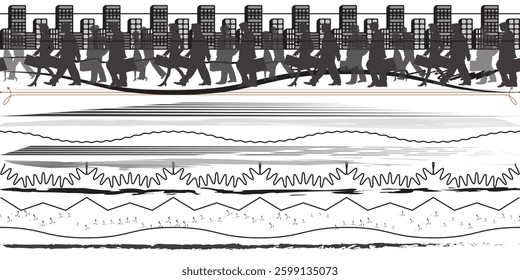 A black and white graphic illustration showcasing a multitude of people commuting in a city, depicted as silhouettes against a skyline of buildings.