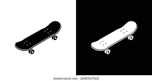 Black and white graphic illustration showcasing a skateboard in contrasting colors; one black skateboard on a white backdrop, one white skateboard on black backdrop.