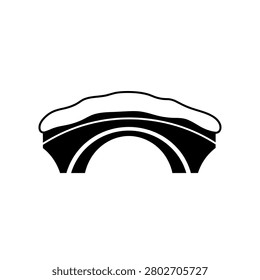 A black and white graphic illustration of a simple arch bridge covered in a layer of snow.