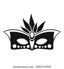 Black and white graphic illustration of a smiling mardi gras mask with gemstones and feathers