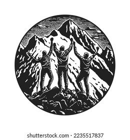 Ilustración gráfica en blanco y negro. Tres montañistas en la cima de una montaña con gesto victorioso en un marco de círculo. vector