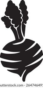 A black and white graphic illustration of a turnip. The bulb is slightly pointed at the bottom and has several leafy stems.