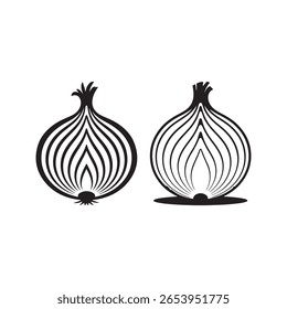 Black and white graphic illustration of two halved onions with visible layers and roots.
