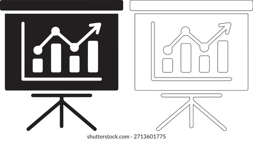 Una ilustración gráfica en blanco y negro de dos tableros de presentación en soportes con gráficos de barras y flechas de tendencia ascendente