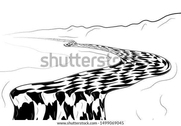 滝の付いた白黒のグラフィックイラスト チェッカー川の風景 ベクターイラスト のベクター画像素材 ロイヤリティフリー