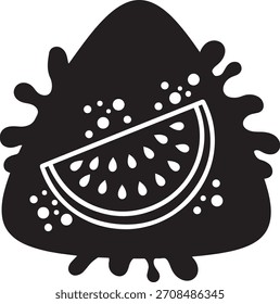 Black and white graphic illustration of a watermelon slice with seeds, surrounded by abstract splashing liquid and scattered dots.