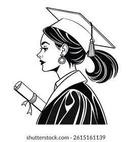 A black and white graphic illustration of a woman in profile view, wearing a graduation cap and gown, and holding a diploma.