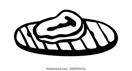black and white graphic image of steak, with vein, on wooden board