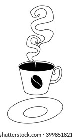 black and white graphic image of steaming black dark coffee in cup with saucer isolated vector illustration