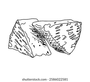 
Black and white graphic image of triangular slices of camembert, brie cheese on a white isolated background