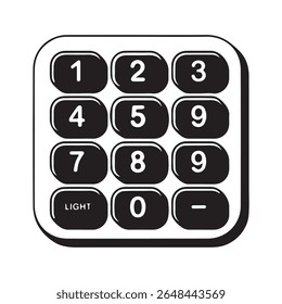 Gráfico preto e branco de um teclado com botões arredondados exibindo números e uma função de luz.