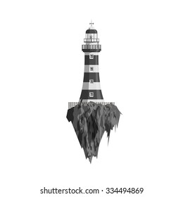 Black and white graphic Lighthouse on flying Island. Vector Illustration