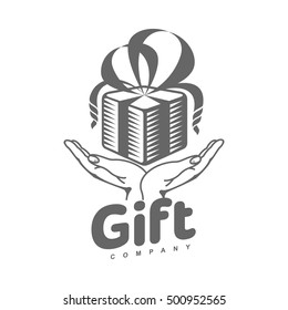 black and white graphic line art gift box logo templates, vector illustration isolated on white background. Gift box with ribbon and bow, hand offering a gift, giving a present