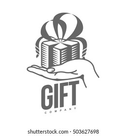 black and white graphic line art gift box logo templates, vector illustration isolated on white background. Gif box with ribbon and bow, hand offering a gift, giving a present