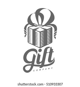 black and white graphic line art gift box logo templates, vector illustration isolated on white background. Gif box with ribbon and bow, hand offering a gift, giving a present