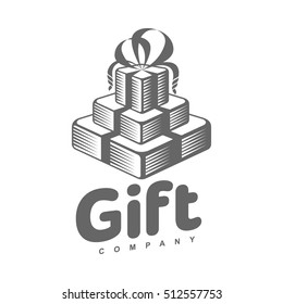 black and white graphic line art gift box logo templates, vector illustration isolated on white background. Gif box with ribbon and bow, hand offering, giving a present