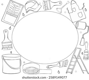 Moldura oval de vetor de tinta de linha gráfica preto e branco em retângulo com conjunto de pintura, escada de degrau do equipamento de desenho, rolo, cor da lata, avental, capacete.
