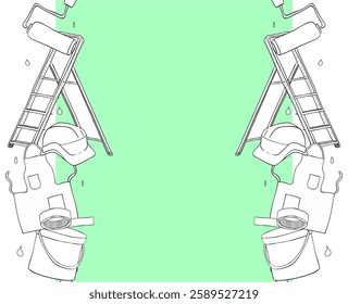 preto e branco linha gráfica tinta moldura de borda vertical sem costura com conjunto de pintura, desenho equipamento escada passo, rolo, pode cor, avental, capacete. Ilustração vetorial
