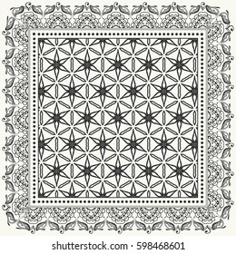 Black and white graphic line pattern. Square geometric background with ornate lace frame. Tribal ethnic arabic, indian ornament. Bandanna shawl fabric print, silk neck scarf or kerchief design