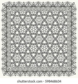 Black and white graphic line pattern. Square geometric background with ornate lace frame. Tribal ethnic arabic, indian ornament. Bandanna shawl fabric print, silk neck scarf or kerchief design