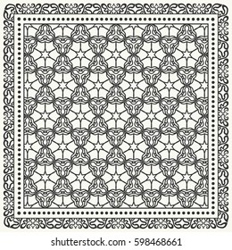 Black and white graphic line pattern. Square geometric background with ornate lace frame. Tribal ethnic arabic, indian ornament. Bandanna shawl fabric print, silk neck scarf or kerchief design