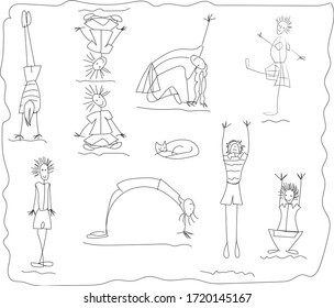 black and white graphic little men in various poses, play sports and sleeping cat made in a simple outline style