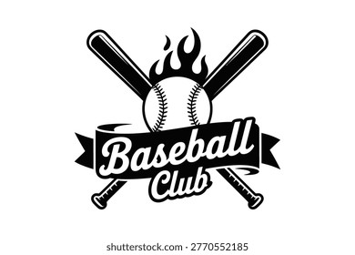 A black and white graphic logo for a baseball club features a flaming baseball positioned above two crossed baseball bats. A banner with the words 
