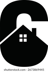 A black and white graphic logo featuring the letter G with a house silhouette created from negative space, complete with a roof, window, and chimney.