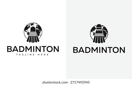 Logotipo gráfico en blanco y negro con un volante de bádminton superpuesto sobre un globo terráqueo. El texto BADMINTON está debajo del gráfico.
