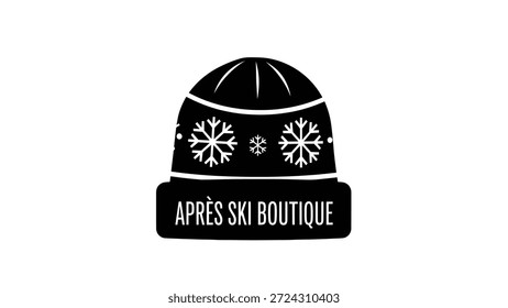 A black and white graphic logo featuring a winter beanie adorned with snowflakes and the text 'Après Ski Boutique'. Perfect for winter fashion or ski resort branding.