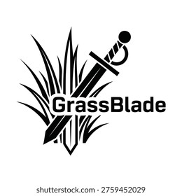A black and white graphic logo featuring a sword emerging from a clump of grass, with the word 